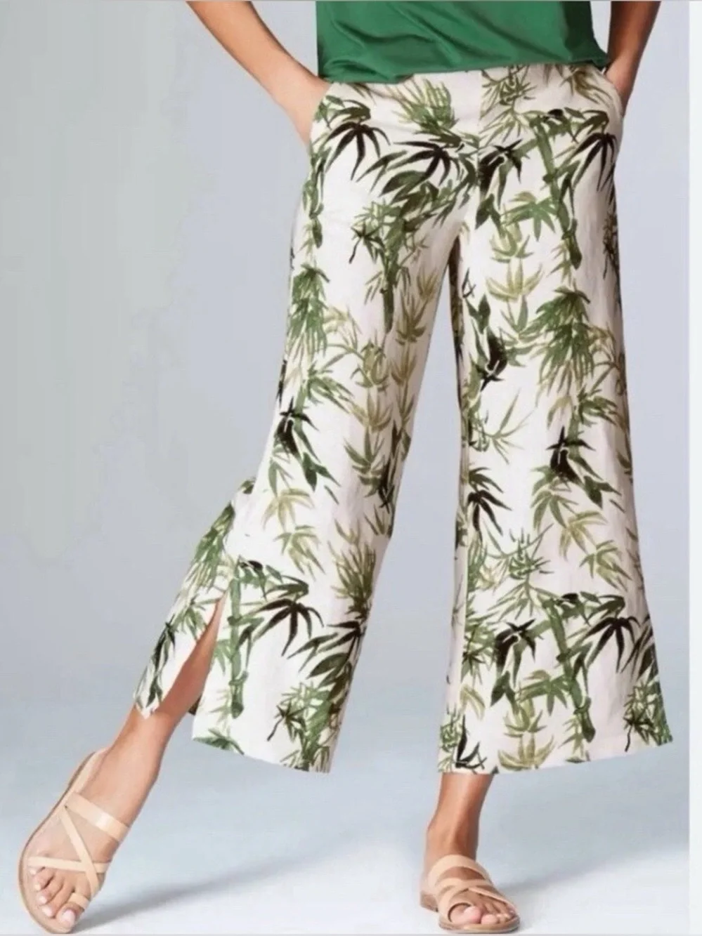 J. Jill Barley Palm Print Linen-Blend Wide Leg Crop Pants Beige GreenLeaf SP NWT - Picture 3 of 16
